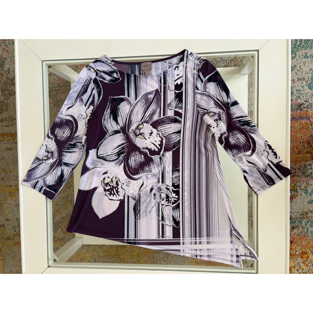 Easywear by Chicos Purple Floral Stripe Asymmetrical Tunic Top Size 1 Medium